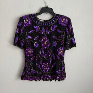 Vintage Stenay Black 100% Silk Purple Lily Flowers Beaded Evening Blouse Women S